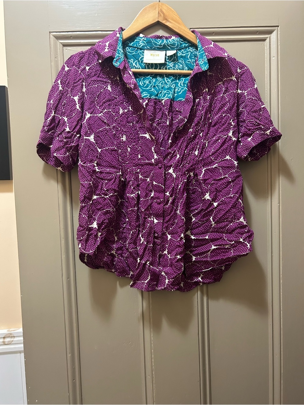 Maeve by Anthropologie Plum Purple Short-Sleeve Printed Button-Up Blouse size 2